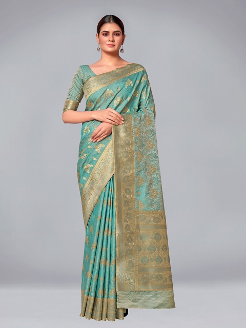 

MONJOLIKA FASHION Blue & Gold-Toned Ethnic Motifs Zari Silk Blend Banarasi Saree