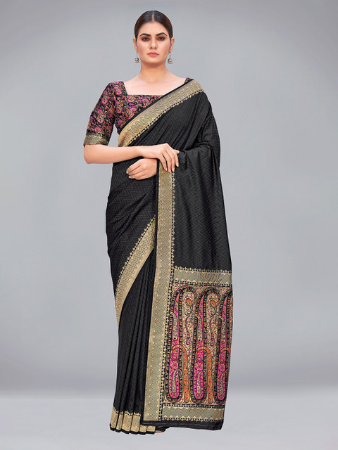 

MONJOLIKA FASHION Black & Pink Zari Silk Blend Banarasi Saree