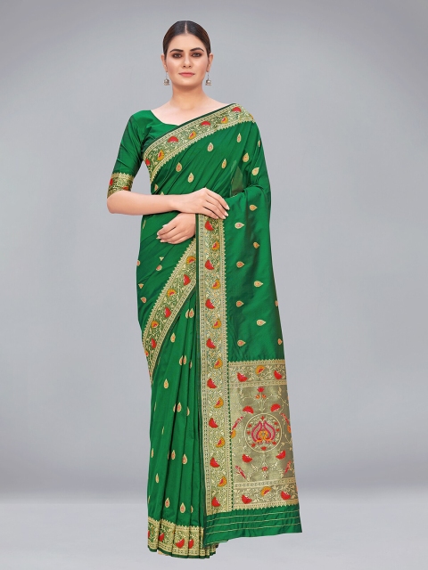 

MONJOLIKA FASHION Green & Gold-Toned Woven Design Zari Silk Blend Paithani Saree