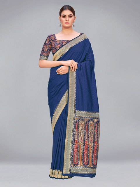 

MONJOLIKA FASHION Navy Blue & Red Ethnic Motifs Silk Blend Banarasi Saree