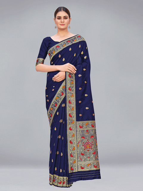 

MONJOLIKA FASHION Navy Blue & Red Woven Design Zari Silk Blend Paithani Saree