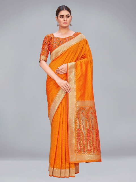 

MONJOLIKA FASHION Orange & Gold-Toned Woven Design Zari Silk Blend Banarasi Saree
