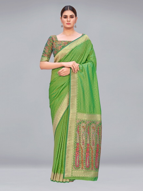 

MONJOLIKA FASHION Green & Golden Zari Silk Blend Banarasi Saree