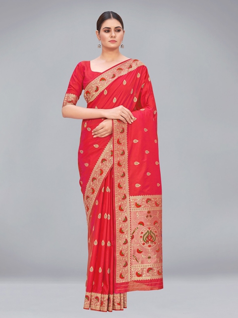 

MONJOLIKA FASHION Red & Green Woven Design Zari Silk Blend Paithani Saree