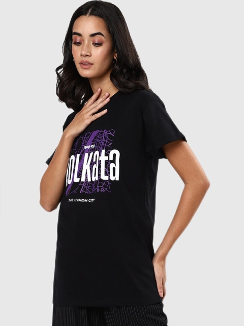 

Bewakoof Women Black Typography Printed Mandarin Collar T-shirt