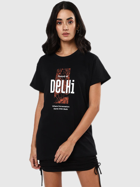 

Bewakoof Women Black Typography Printed Extended Sleeves Applique T-shirt