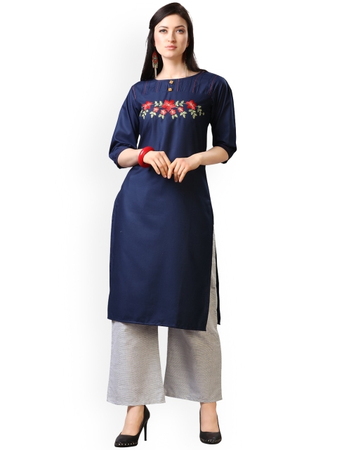 

Youthnic Women Navy Blue Floral Embroidered Thread Work Straight Kurta
