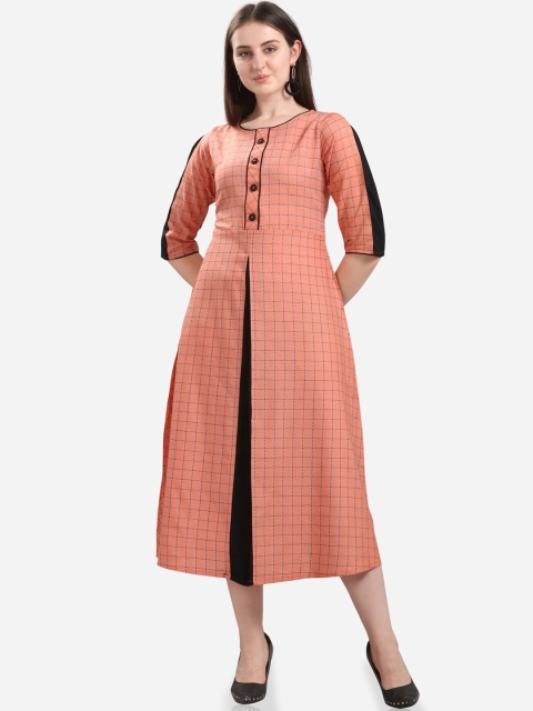 

Youthnic Women Peach Checked Regular Sleeve A-Line Kurta