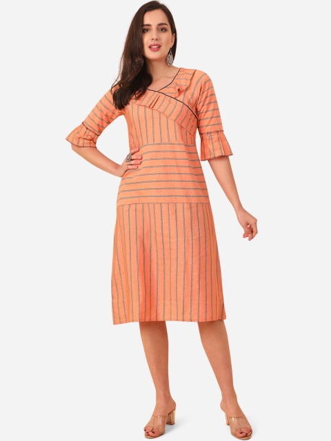 

Youthnic Women Orange Striped Printed Flared Sleeves Straight Kurta