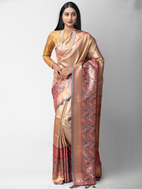 

Unnati Silks Cream-Coloured & Golden Ethnic Motifs Zari Silk Blend Banarasi Saree