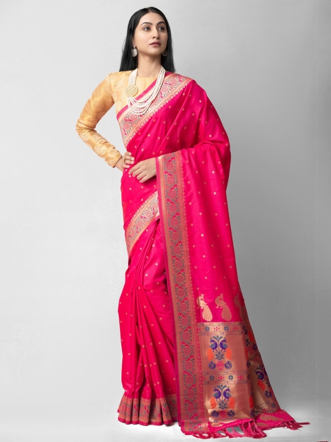 

Unnati Silks Pink & Grey Woven Design Zari Silk Blend Banarasi Saree