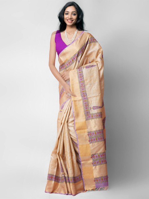 

Unnati Silks Brown & Purple Floral Printed Sustainable Tussar Saree