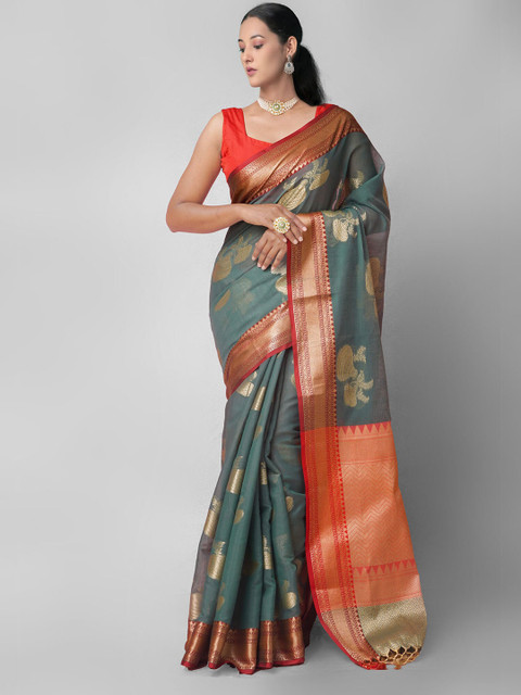 

Unnati Silks Green & Maroon Woven Design Zari Silk Cotton Chanderi Saree