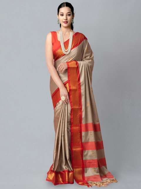 

Unnati Silks Cream-Coloured & Red Ethnic Motifs Zari Silk Blend Banarasi Saree