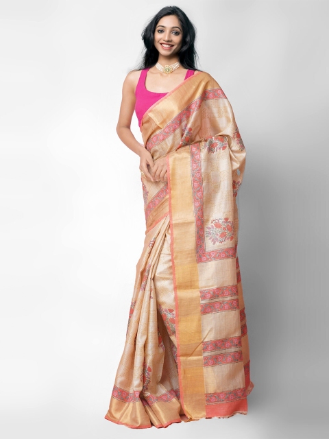 

Unnati Silks Brown & Pink Floral Zari Pure Silk Tussar Saree