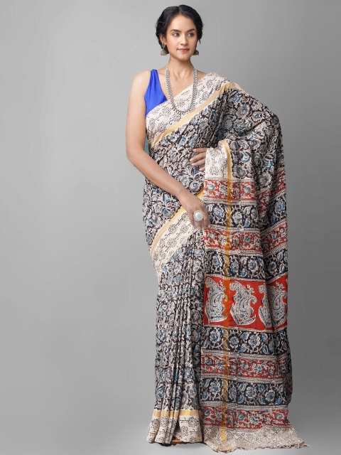 

Unnati Silks Black & Off White Block Printed Kalamkari Silk Sarees