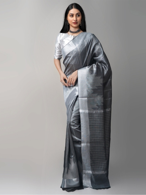 

Unnati Silks Grey & Silver-Toned Woven Design Zari Silk Blend Jamdani Saree