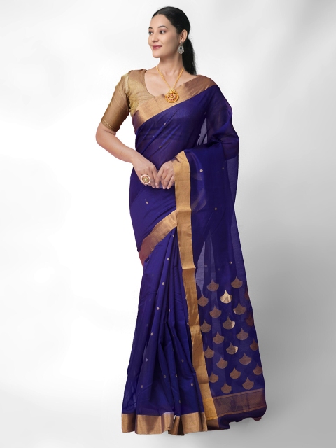 

Unnati Silks Navy Blue & Gold-Toned Woven Design Zari Silk Cotton Chanderi Saree