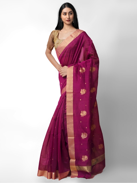 

Unnati Silks Purple & Gold-Toned Zari Silk Cotton Handloom Sustainable Chanderi Saree