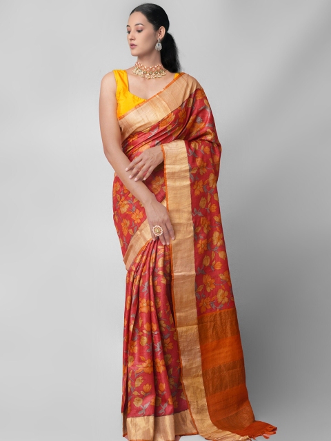 

Unnati Silks Red & Yellow Floral Handloom Sustainable Pure Silk Tussar Saree