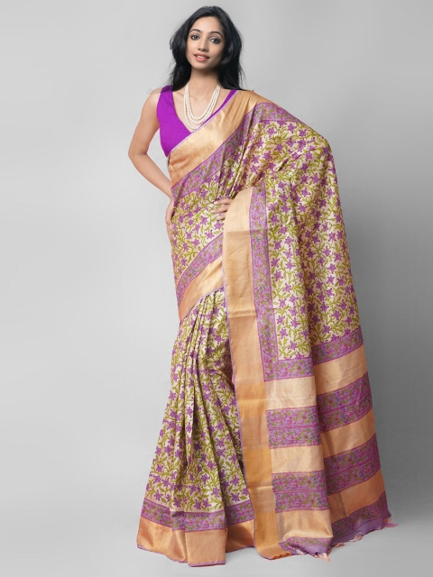 

Unnati Silks Brown & Green Floral Zari Pure Silk Handloom Sustainable Tussar Saree