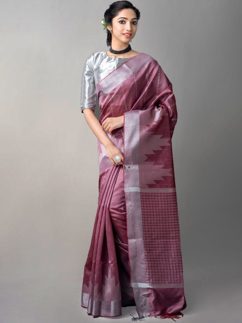 

Unnati Silks Purple & Silver-Toned Woven Design Zari Silk Blend Jamdani Saree