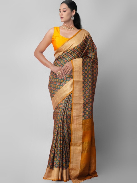 

Unnati Silks Mustard & Green Zari Pure Silk Tussar Saree