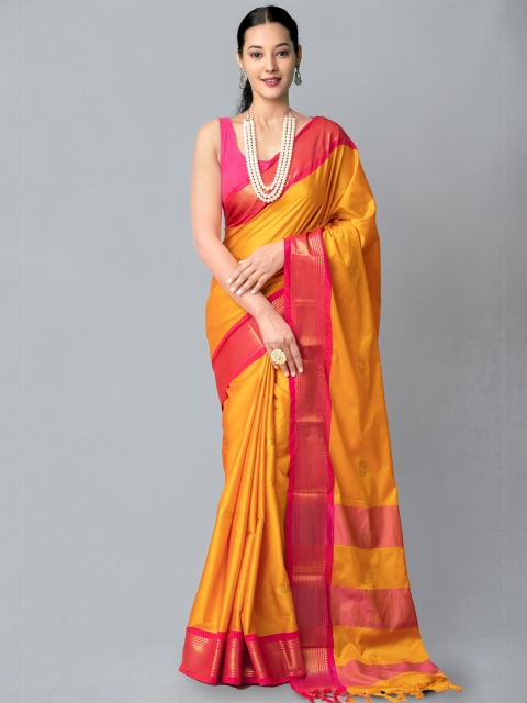 

Unnati Silks Yellow & Pink Woven Design Zari Silk Blend Banarasi Saree