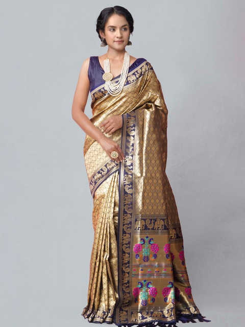 

Unnati Silks Navy Blue & Gold-Toned Woven Design Zari Silk Blend Banarasi Saree