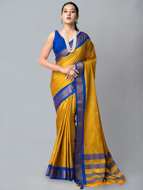 

Unnati Silks Yellow & Blue Woven Design Zari Silk Blend Banarasi Saree