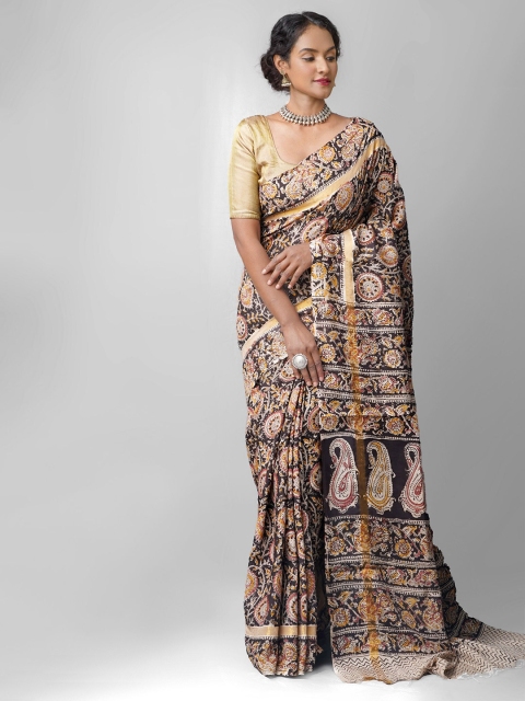 

Unnati Silks Black & Beige Kalamkari Zari Pure Silk Kanjeevaram Saree