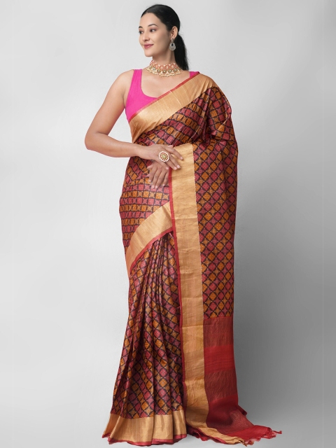 

Unnati Silks Pink & Orange Ethnic Motifs Zari Pure Silk Tussar Saree