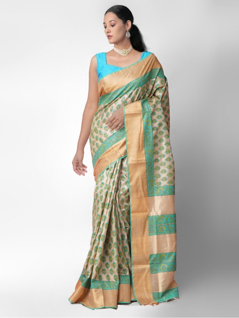 

Unnati Silks Brown & Green Floral Printed Pure Silk Sustainable Tussar Saree