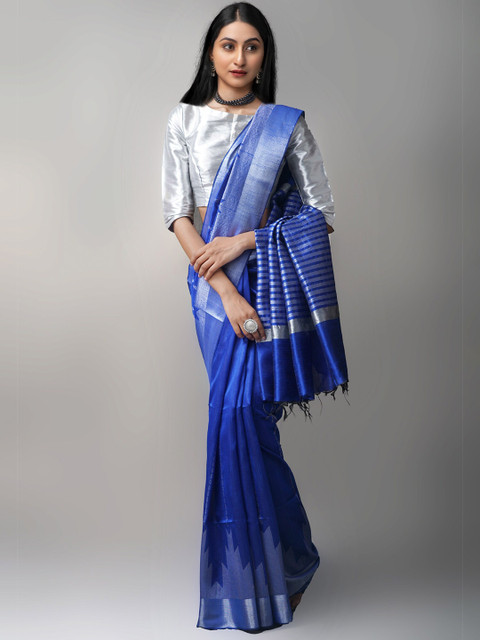 

Unnati Silks Blue & Silver-Toned Woven Design Zari Silk Blend Jamdani Saree