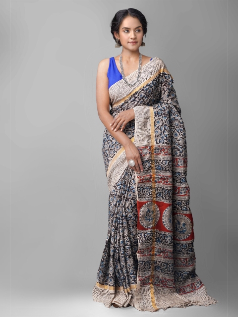 

Unnati Silks Blue & Red Kalamkari Zari Pure Silk Kanjeevaram Saree