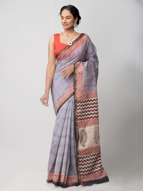 

Unnati Silks Navy Blue & Red Abstract Printed Silk Cotton Bagru Saree