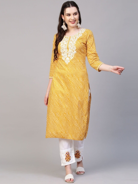

FASHOR Women Mustard Yellow Embroidered Mirror Work Kurta