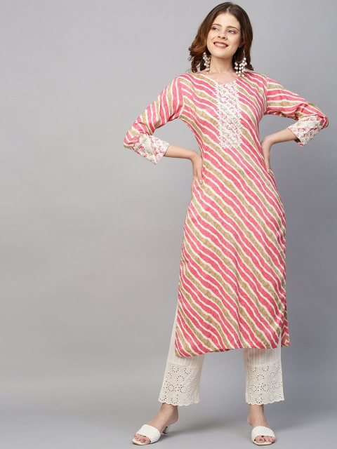 

FASHOR Women Pink Geometric Striped Flared Sleeves Mirror Work Anarkali Kurta