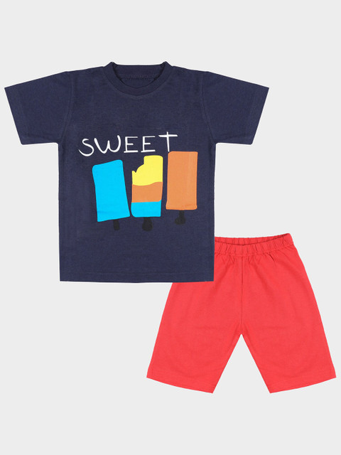 

NOT Unisex Kids Navy Blue & Red Printed T-shirt With Shorts