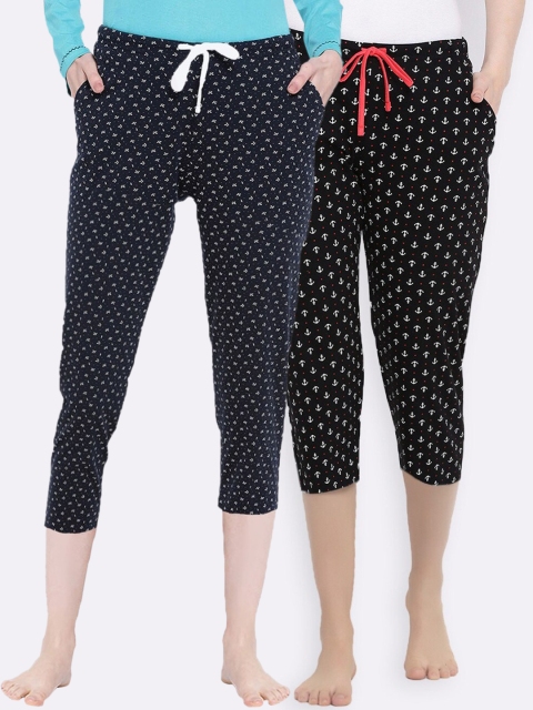 

Kanvin Women Pack Of 2 Printed Pure Cotton Lounge Pants, Navy blue