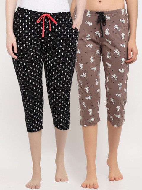 

Kanvin Women Pack Of 2 Printed Pure Cotton Lounge Pants, Brown