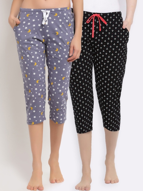 

Kanvin Women Pack of 2 Purple & Black Printed Cotton Lounge Capris