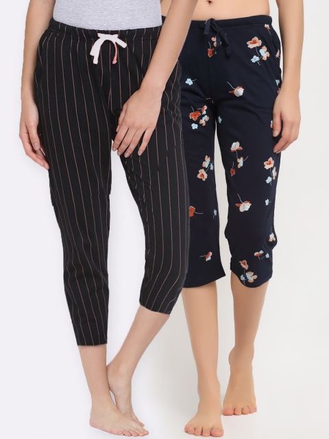 

Kanvin Women Pack of 2 Navy Blue & Black Printed Cotton Lounge Pants