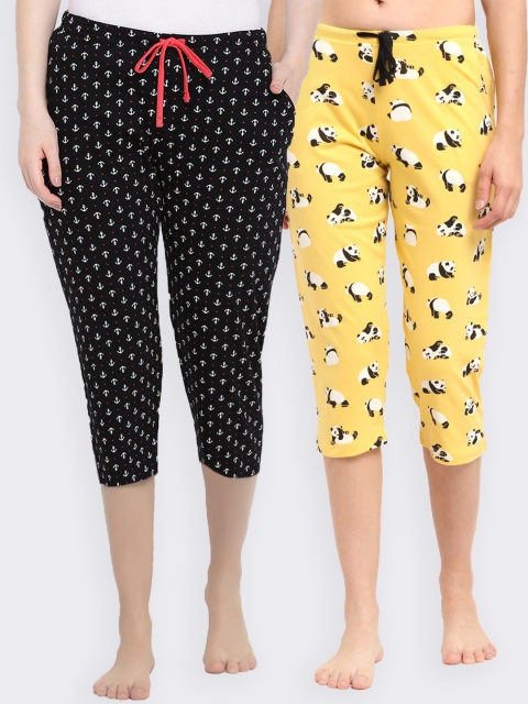 

Kanvin Women Pack Of 2 Printed Pure Cotton Lounge Pants, Yellow