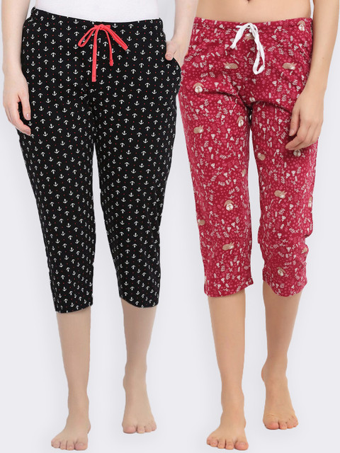 

Kanvin Women Pack of 2 Red & Black Printed Cotton Lounge Pants