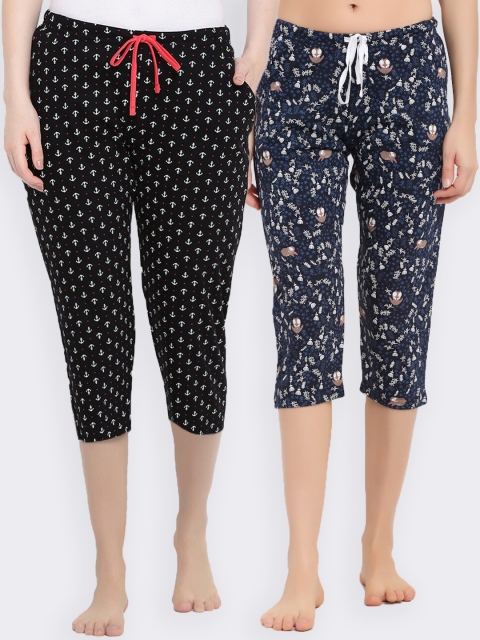 

Kanvin Women Pack of 2 Navy Blue & black Printed Cotton Lounge Pants