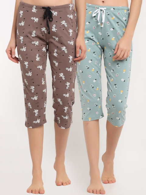 

Kanvin Women Pack Of 2 Printed Pure Cotton Lounge Pants, Sea green