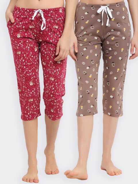 

Kanvin Women Pack of 2 Red & Pink Printed Cotton Lounge Pants