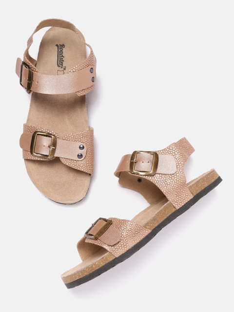

Roadster Women Rose Gold-Toned Textured Open Toe Flats with Buckles