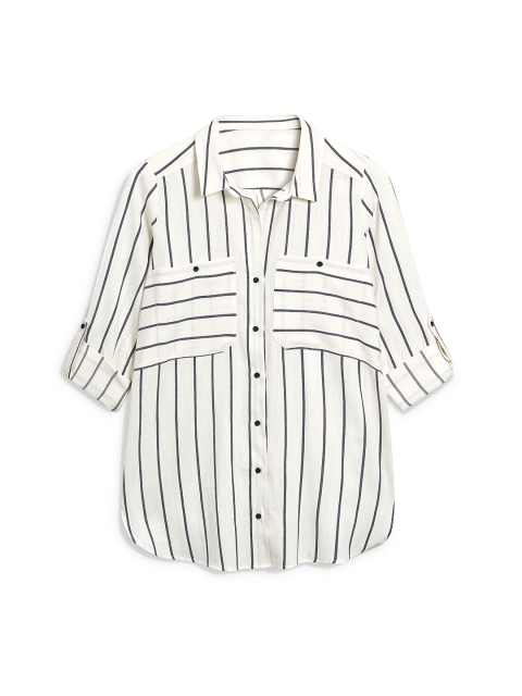 

next Women Cream & Blue Regular Fit Striped Casual Shirt